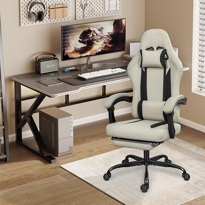 Breathable Fabric Gaming Chair with Footrest, Height Adjustable Game Chair, Video Gaming Chair for Gaming Room, Living Room and Office - Beige/Black