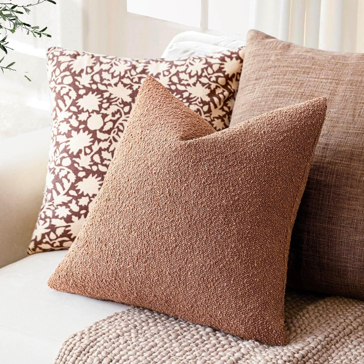Foindtower Pack of 2, Decorative Textured Boucle Throw Pillow Covers Accent Solid Pillow Cases Cozy Soft Couch Cushion Case for Chair Sofa Bedroom Living Room Home Decor 22x22 Inch Dusty Orange Hazel