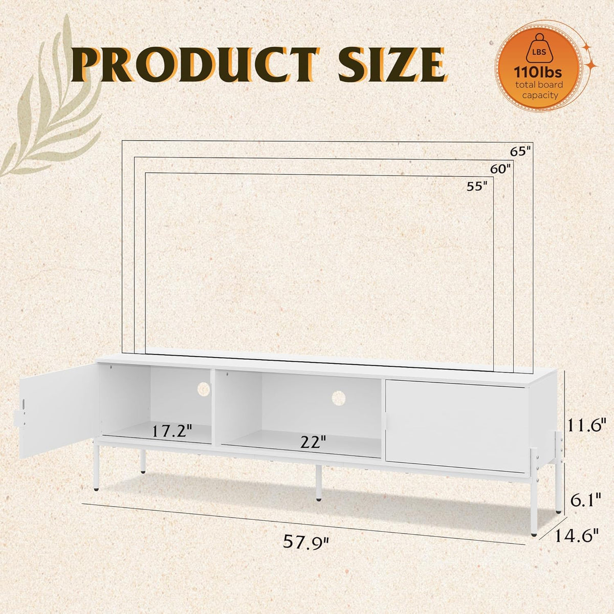 WLIVE Modern TV Stand for 65 Inch TV, Mid Century Entainment Center with Storage Cabinets, TV Console for Bedroom and Living Room, TV Cabinet with Metal Legs, White