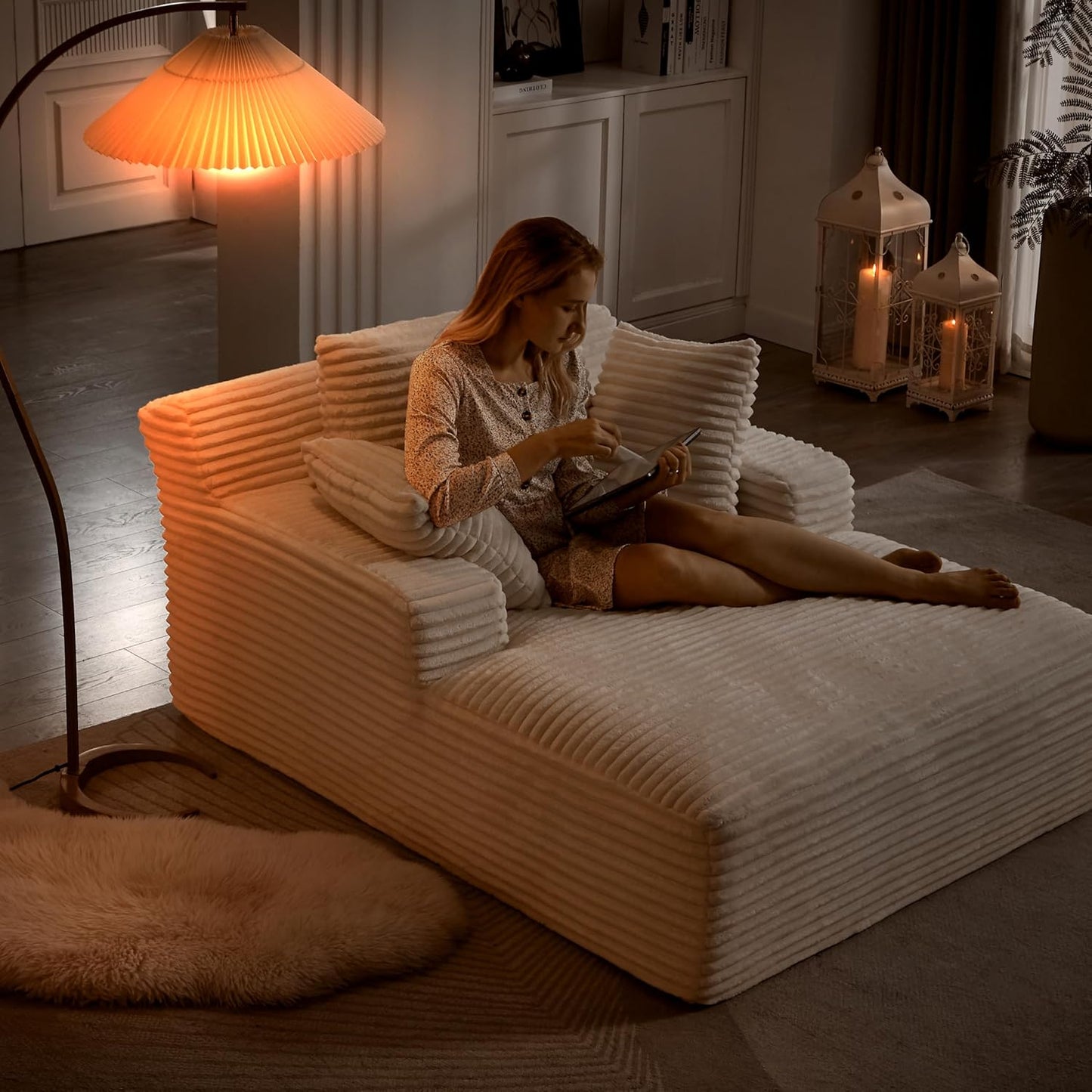 Oversized Chaise Daybed Lounge Sleeper Chair Sofa Bed Indoor, Fluffy Corduroy Upholstered Sleeper Recliner Sofabed Extra Wide Full Foam Cloud Sofabed W/3 Pillows for Home/Apartment Living Room Bedroom