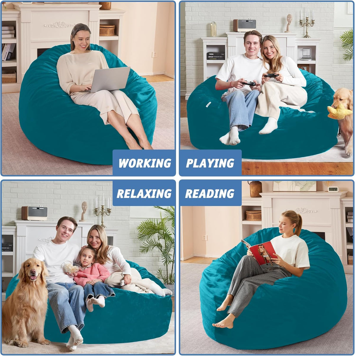 5FT Bean Bag Chair with Ultra Soft Velvet Cover Bean Bag Sofa with Memory Foam Bean Bag Chairs with Large Size Lazy Sofa for Dorm Office Living Room Bedroom Sea Blue 5'