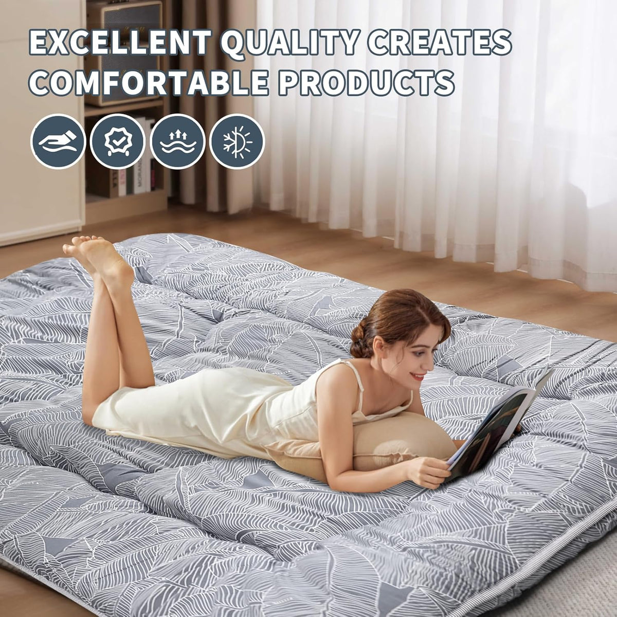 Japanese Floor Mattress,4" Thicken Japanese Floor Sleeping Pad Foldable,Futon Mattress Suitable for Camping and Guest Room (Grey, Queen (80" X 60"))