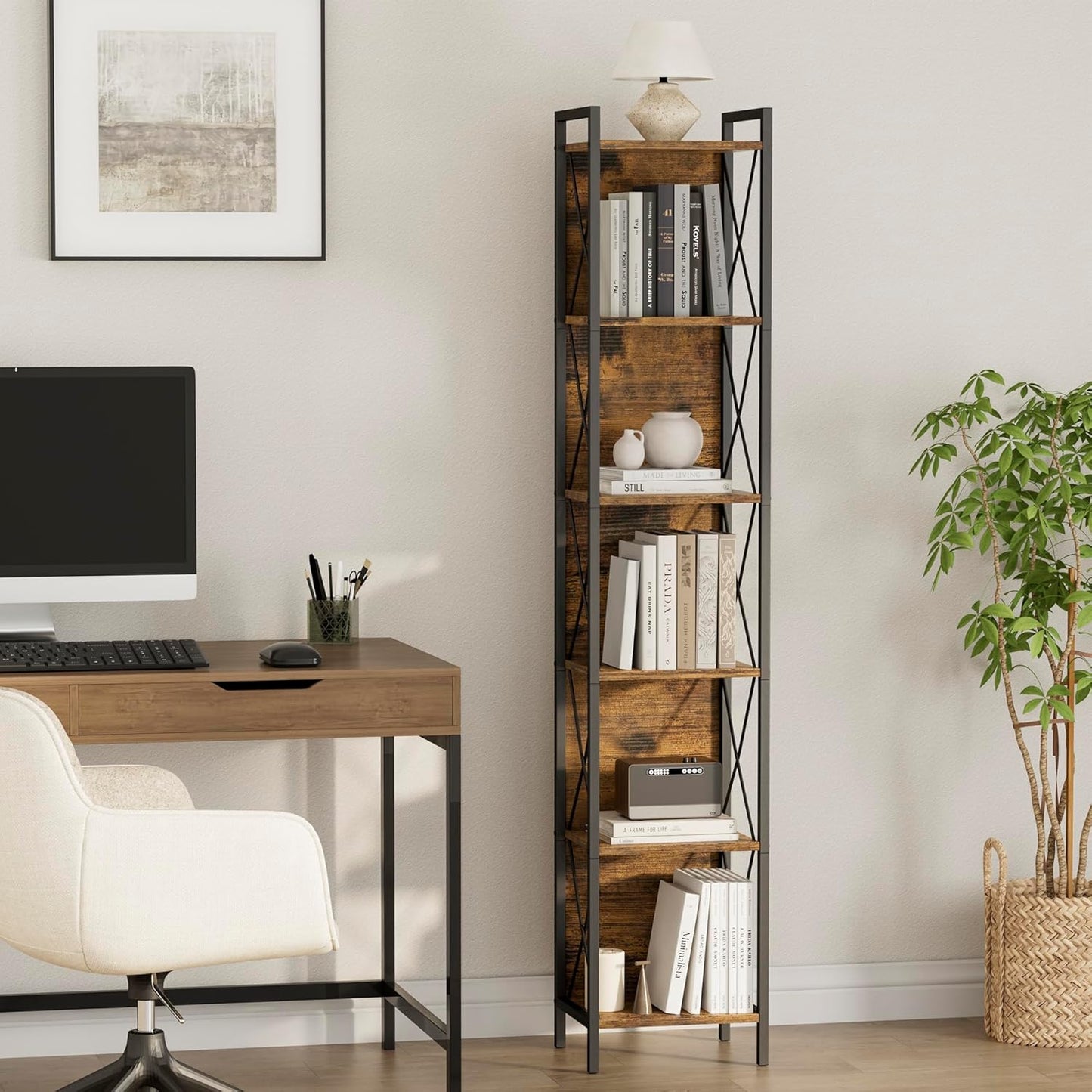 Homhedy 6 Tier Bookshelf Bookcase, Tall Narrow Bookshelf for Small Space, Metal Storage Shelves with Back Panel, for Home Office, Living Room, Kitchen, Bedroom, Industrial Style, Rustic Brown