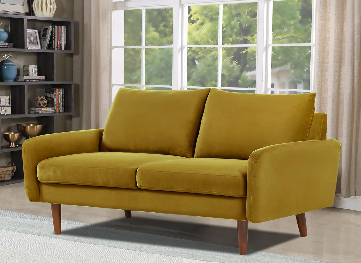 Container Furniture Direct Kent Velvet Loveseat Sofa for Modern Living Rooms and Compact Spaces, Comfy 2 Seater Couch Studio Apartment Furniture with Sleek Design, Greenish Yellow