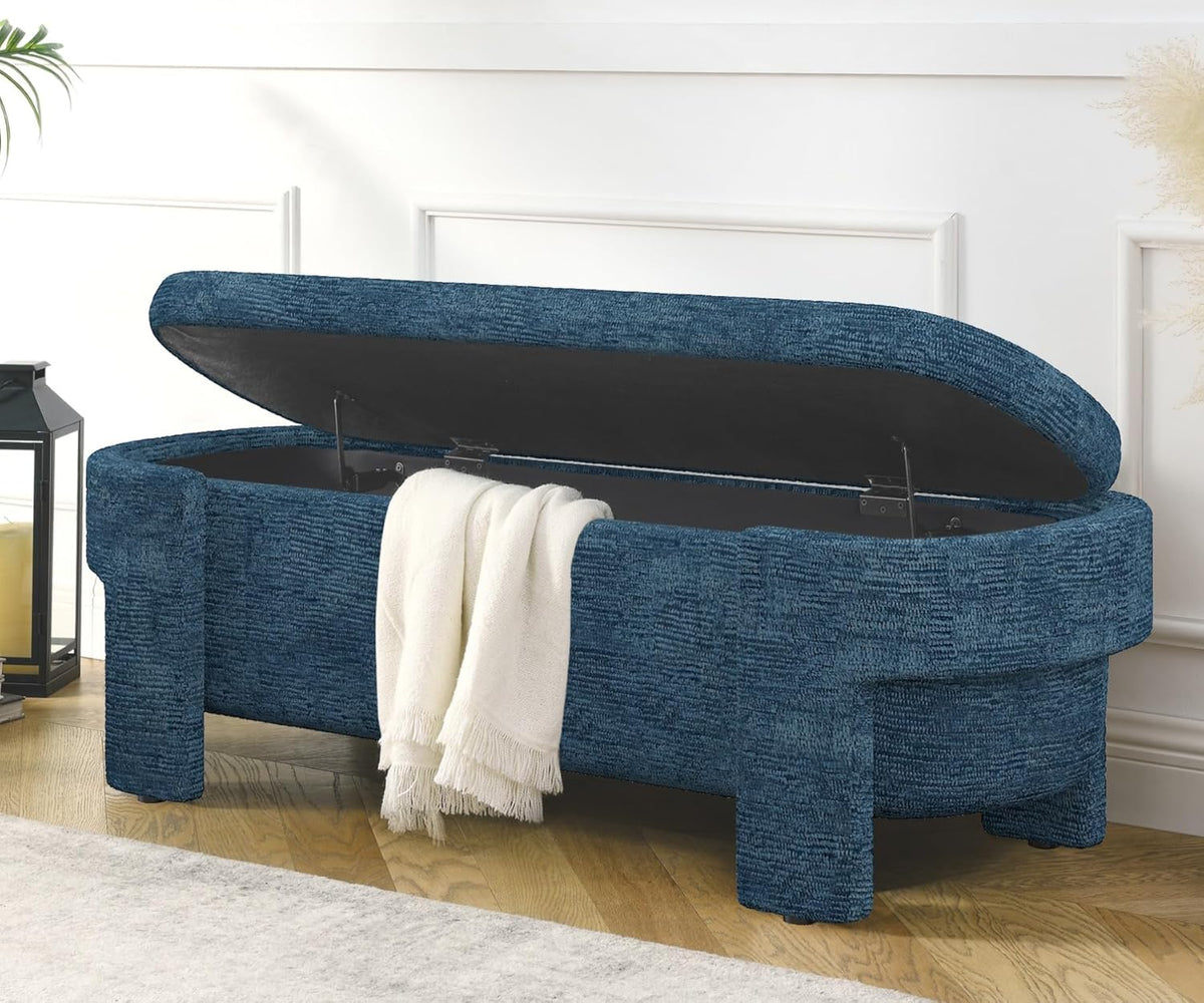 KEIKI 51" Linen Ottoman Bench with Large Storage Space, Upholstered Seating Foot Rest Stool Furniture for Bedroom, Living Room, Entryway, Dark Blue