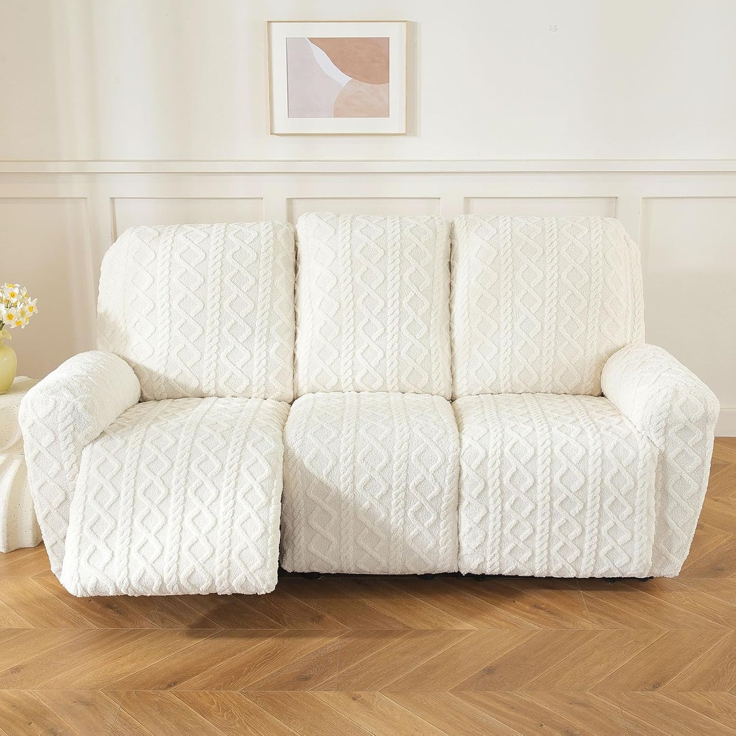 vctops 8 Pieces Geometric Jacquard Plush Recliner Sofa Covers Soft Fuzzy Fluffy 3 Seats Couch Cover Anti-Slip Sofa Slipcover Furniture Protector with Elastic Bottom for Kids Pet(Cream,3 Seat)