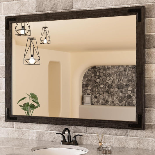 TETOTE 40 x 30 Black Wood Mirror for Bathroom Wall/Bedroom/Living Room/Entryway Farmhouse Rustic Bathroom Vanity Mirror Waterproof (Horizontal/Vertical Mounted)
