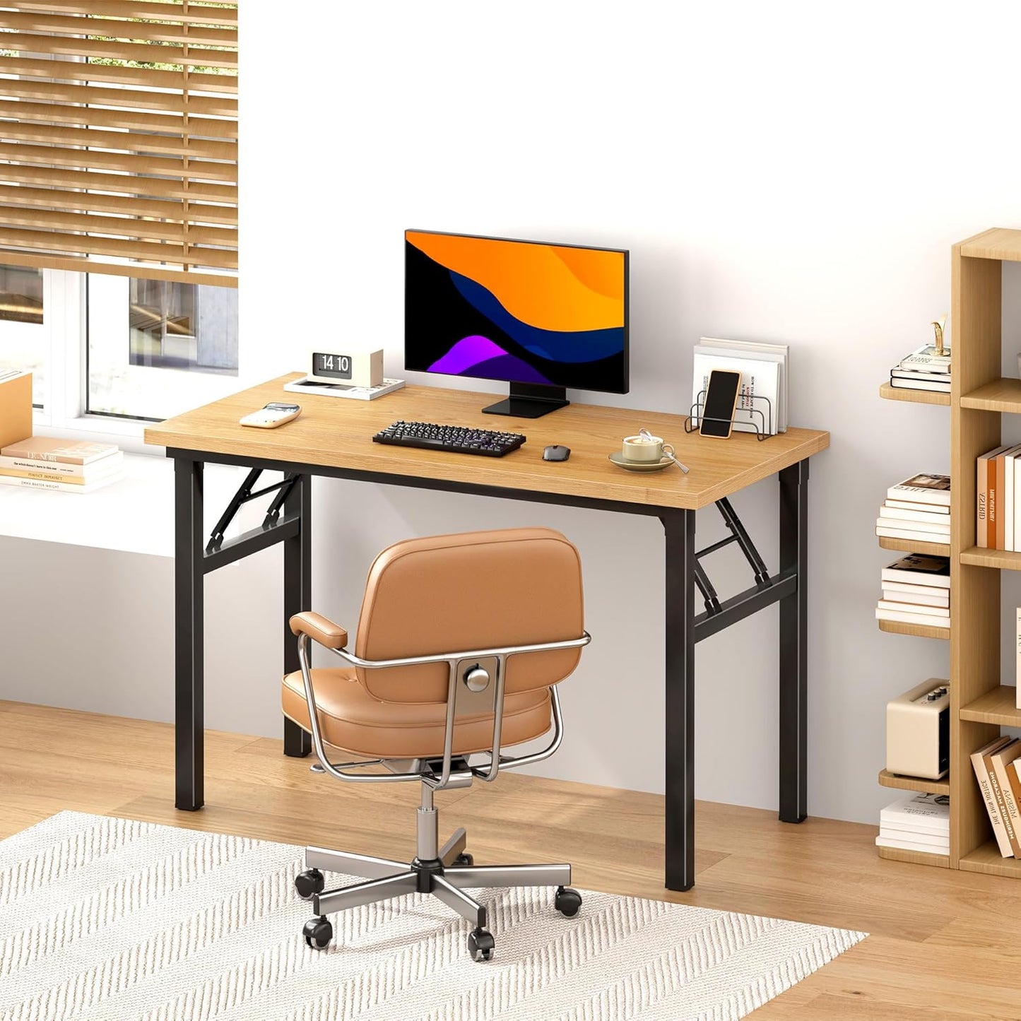 DlandHome Computer Desk Folding Table 39.4 inches Writing Desk for Small Space Study Table Laptop Desk No Assembly Required Teak&Black