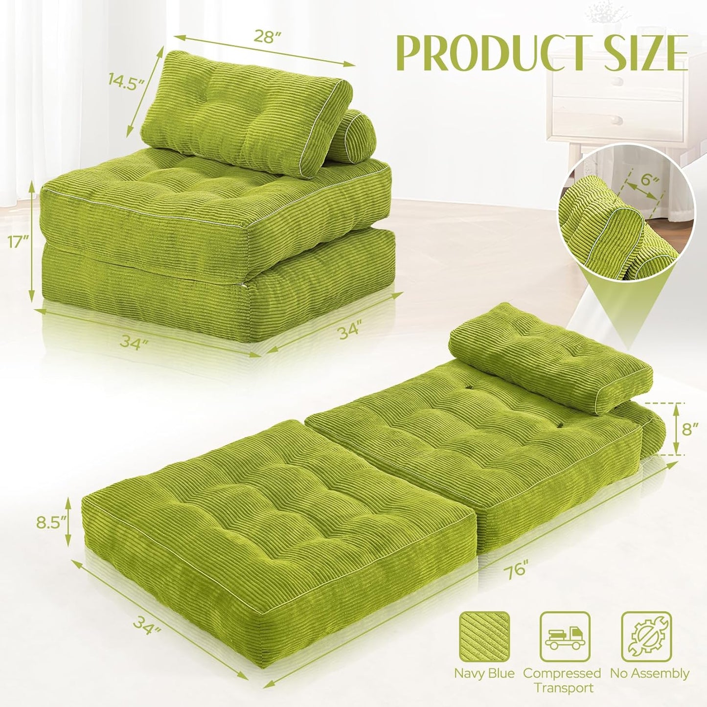 HABUTWAY Folding Sofa Bed, Convertible Sleeper Chair Bed w/Dual-Pillow & Handle, Foldable Floor Sofa Lounge w/Back Support for Living Room, Bedroom, Apartment, Office, Green