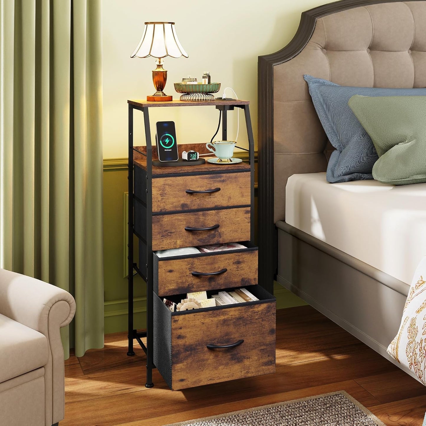 WLIVE 4 Drawer Dresser for Bedroom, 37" H Nightstand with Charging Station and Led Light, Tall Night Stand Bed Side Table, End Table with USB Ports and Outlets, Fabric Bins, Wood Shelf, Rustic Brown