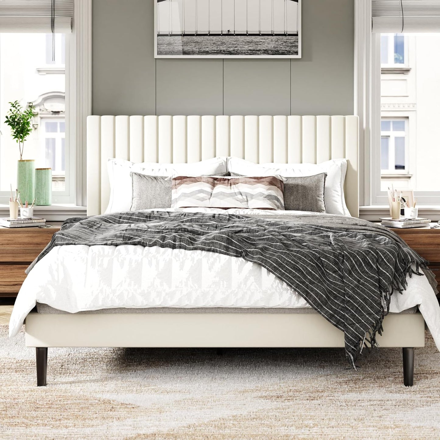 Queen Size Bed Frame with Velvet Upholstered Headboard, Platform Bed with Strong Wood Slats, Mattress Foundation, Box Spring Optional, Easy Assembly, Beige