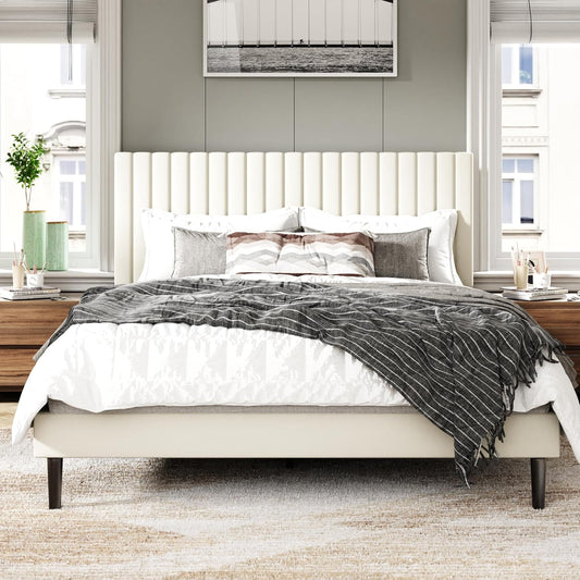 Queen Size Bed Frame with Velvet Upholstered Headboard, Platform Bed with Strong Wood Slats, Mattress Foundation, Box Spring Optional, Easy Assembly, Beige