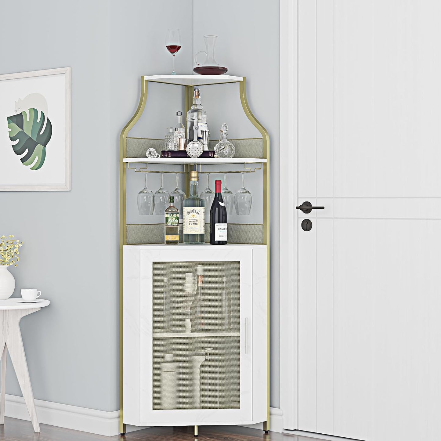 GarveeHome Corner Wine Cabinet with Detachable Wine Rack, 5-Tier Industrial Corner Bar Cabinet with Barn Door and Glass Holder, Farmhouse Buffet Cabinet and Home Bar, Gold