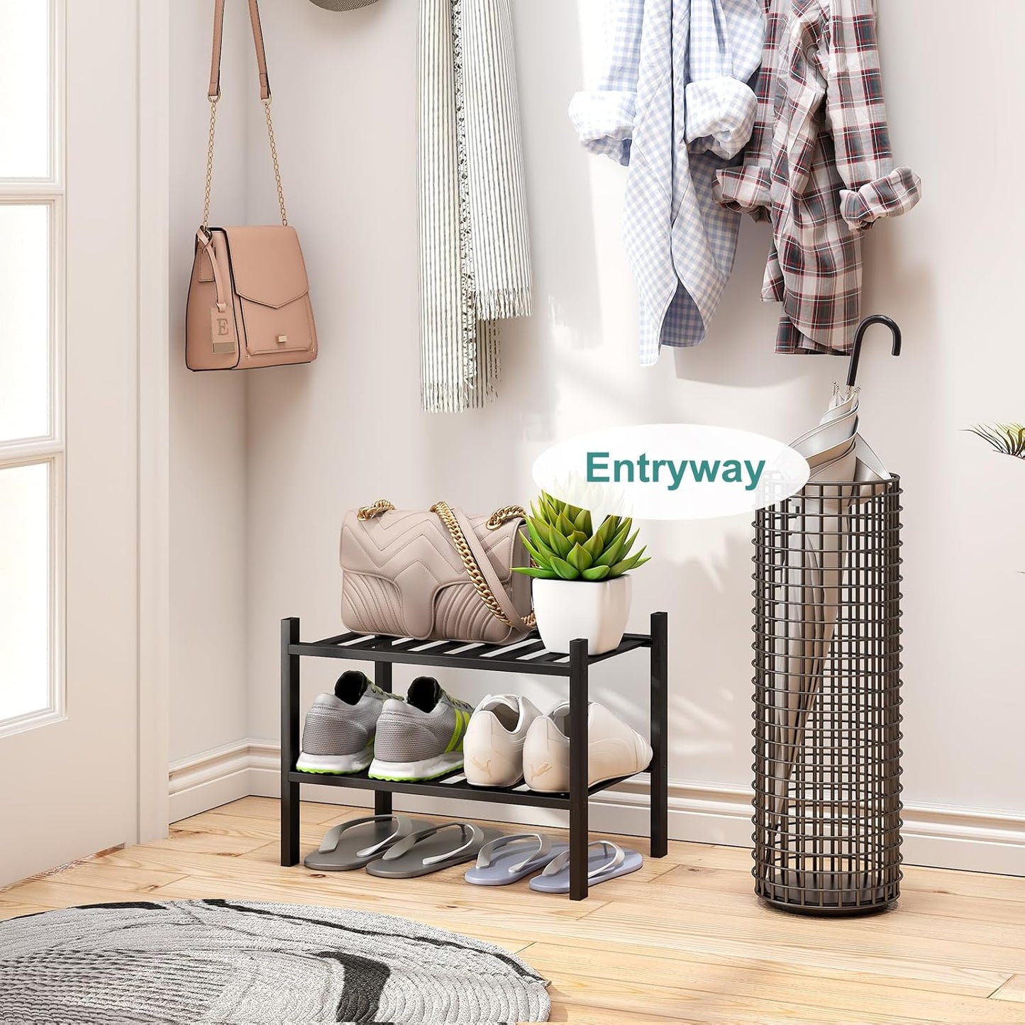 Black Small Shoe Rack for Entryway,2-Tier Bamboo Shoe Organizer for Hallway Closet, Free Standing Shoe Racks for Indoor Outdoor