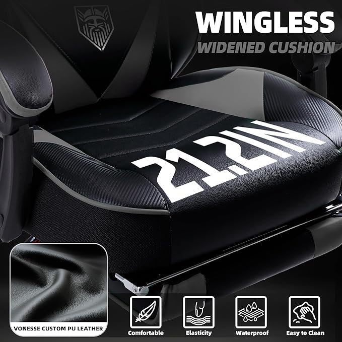 Vonesse Gaming Chair, High Back Gaming Chair with Footrest and Massage, Gaming Chairs for Adults with Pocket Spring Cushion, Big and Tall Reclining Computer Chair with Lumbar Support (Grey/Black)