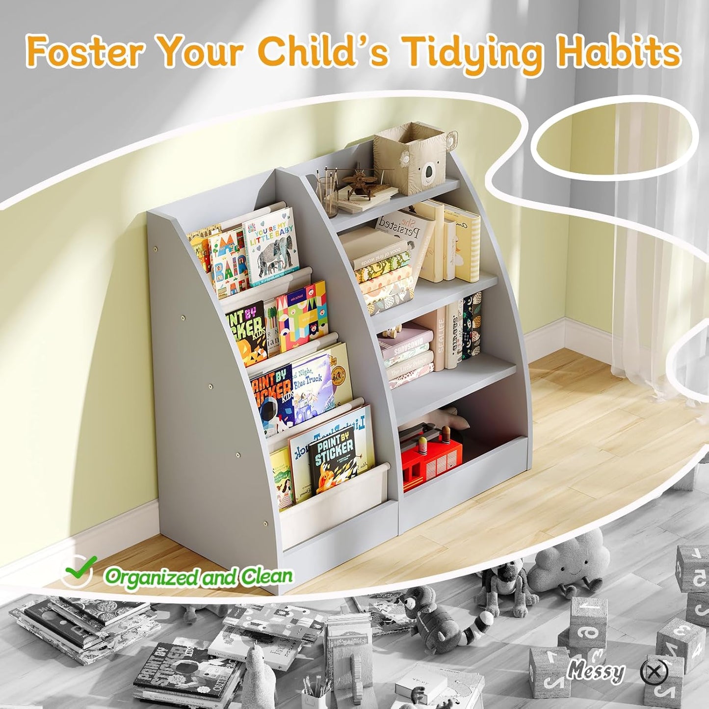 4 Tier Kids Bookshelf,4 Layer Sling Kids Book Shelf for Kids Rooms,Wood Children Bookcase,Baby Storage Book Rack,Toddler Bookshelf, Book and Toy Organizer,Book Display Shelf for Bedroom, Nursery