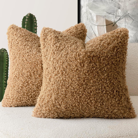 Foindtower 2 Pieces 22x22 Inch Bronze, Faux Fur Throw Pillow Cover Accent Sherpa Pillow Fuzzy Soft Pillowcases Sheepskin Decorative Fleece Cushion Case for Bed Couch Living Room