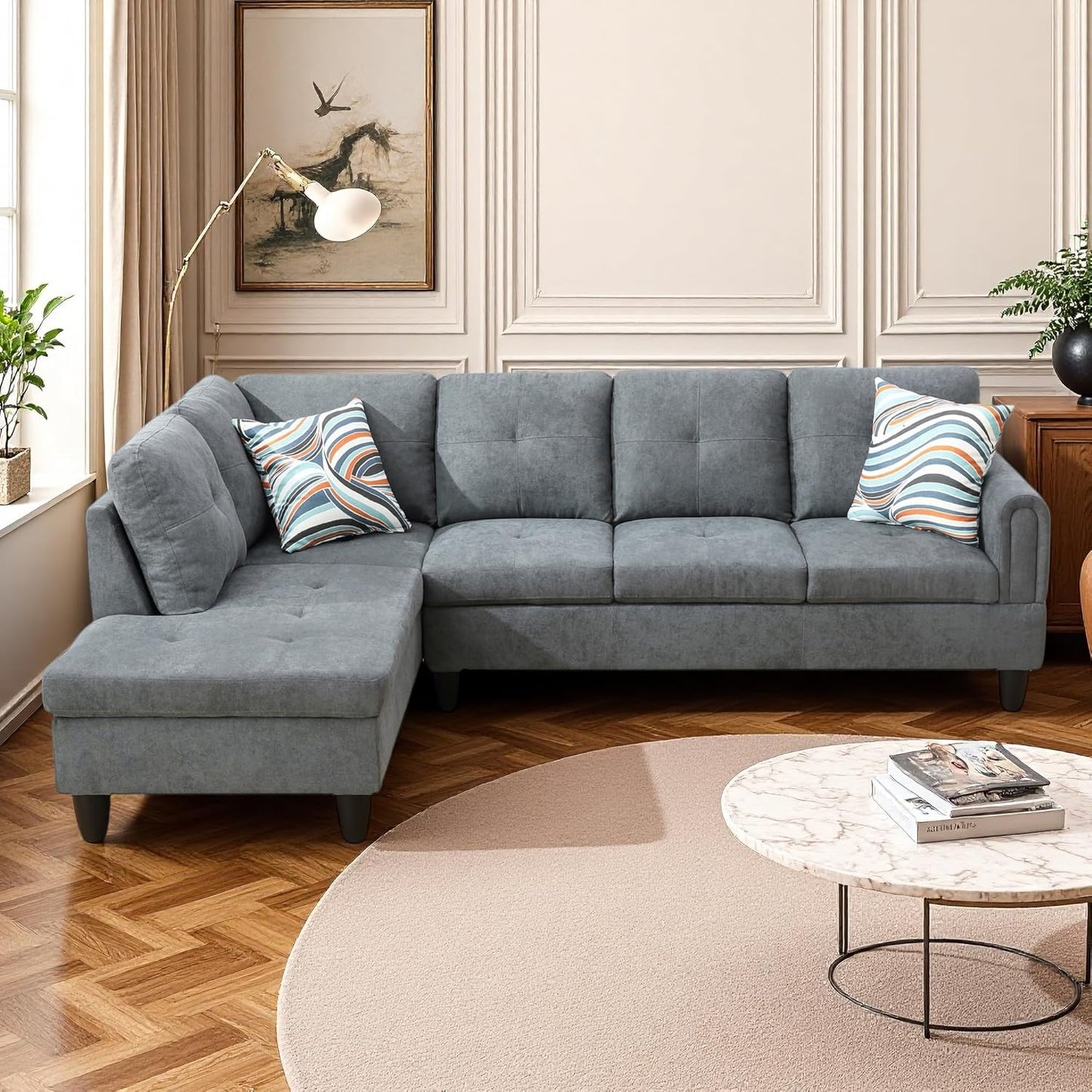 L Shaped Couch Sectional Couches with Chaise, Fluffy Fabric 3 Pieces Modular Convertible Sofa for Living Room Furniture Sets and Small Apartment, Dark Gre