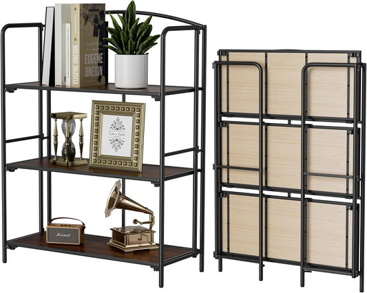 Crofy No Assembly Folding Bookshelf for Living Room, 3 Tier Black Collapsible Book Shelf for Home Office, Portable Bookcase Storage Organizer
