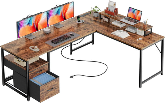 PRAISUN 63 Inch L Shaped Desk with Power Outlets and USB-C Port, Computer Corner Home Office Desk with File Fabric Drawers and Movable Monitor Stand, Larger Storage, Gaming, Writing, Rustic Brown