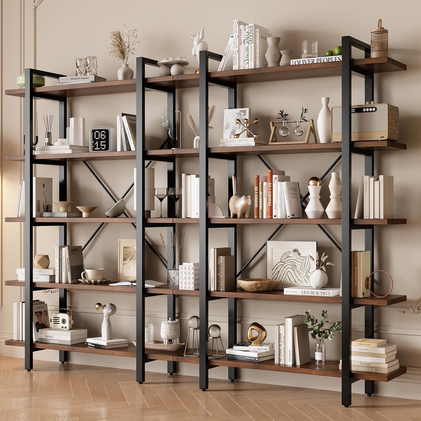 Industrial Bookshelf with 5 Shelves, Solid Wood core Bookcase,Walnut Wood and Black Metal Frame, Large Open Storage Display Unit (Dark Walnut, 5 Tiers)