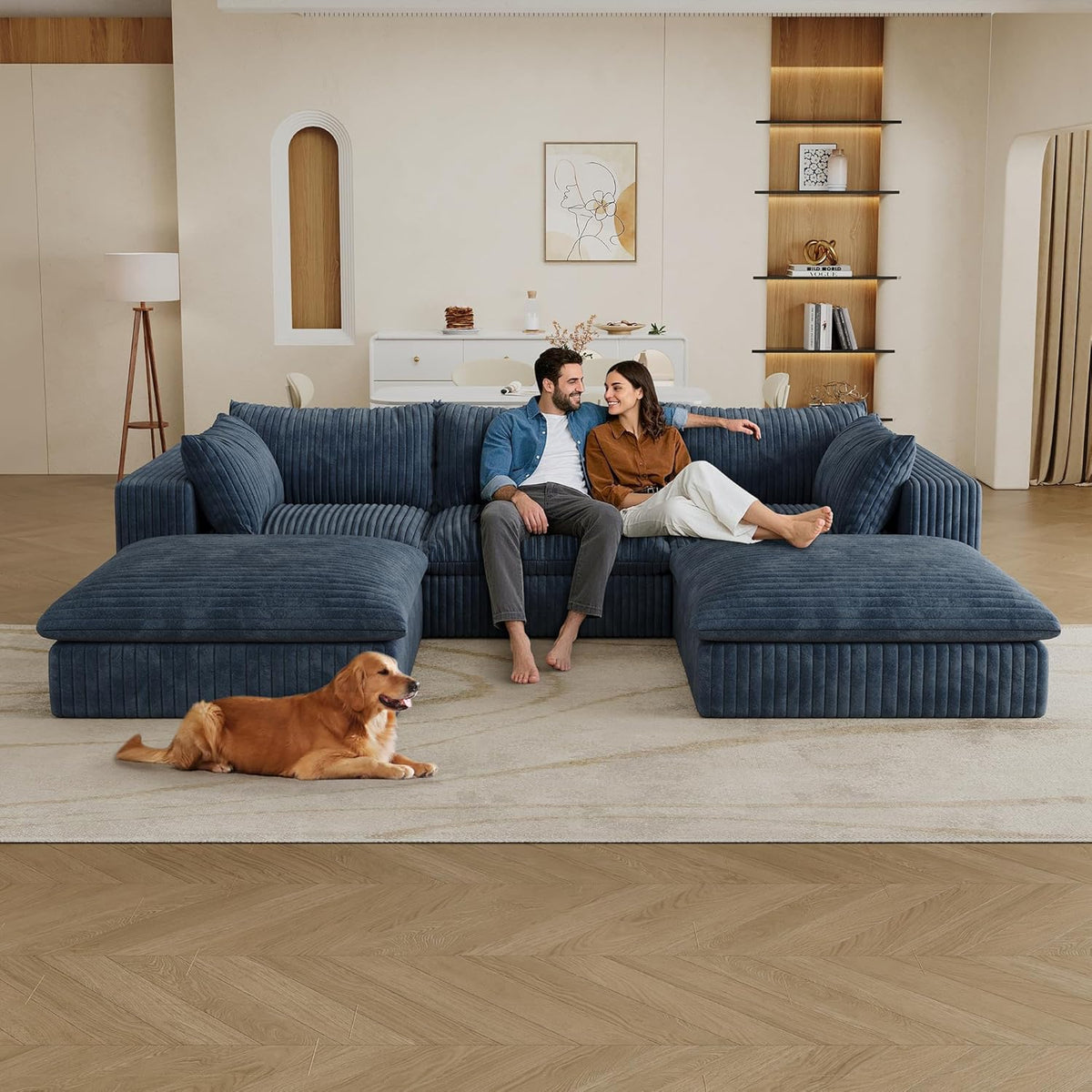 Down Filled Boneless Sectional Sofa Cloud Couch with Movable Ottomans, 118 inch Convertible U Shaped Lounge Couch w/Deep Seat, Fluffy Corduroy Upholstered Compress Modular Sofa