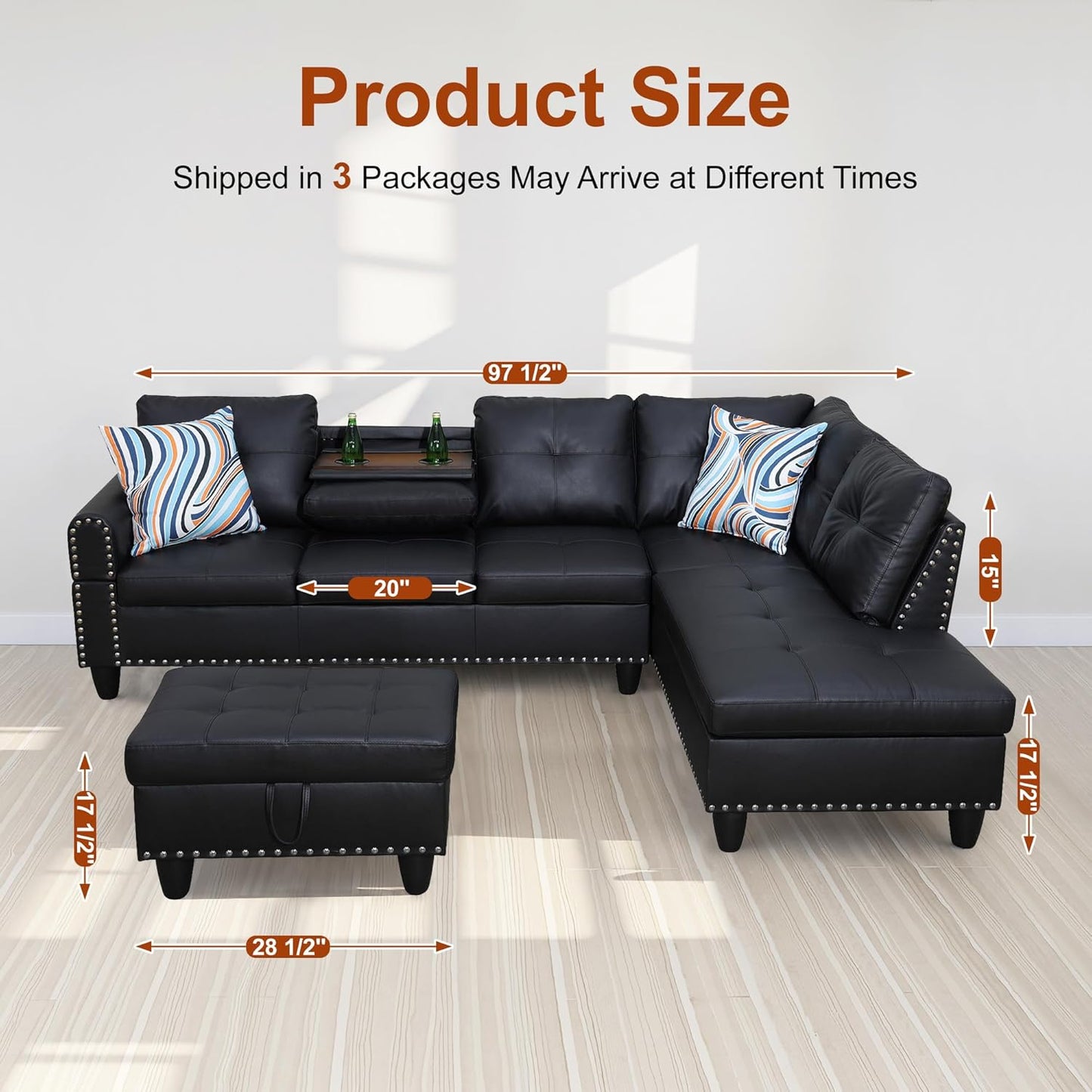 Osparple L Shaped Couch Faux Leather Sectional Couch Upholstered 3 Pieces Sofas for Living Room with Chaise, Ottoman with Storage for Office and Small Apartment, Graceful Black