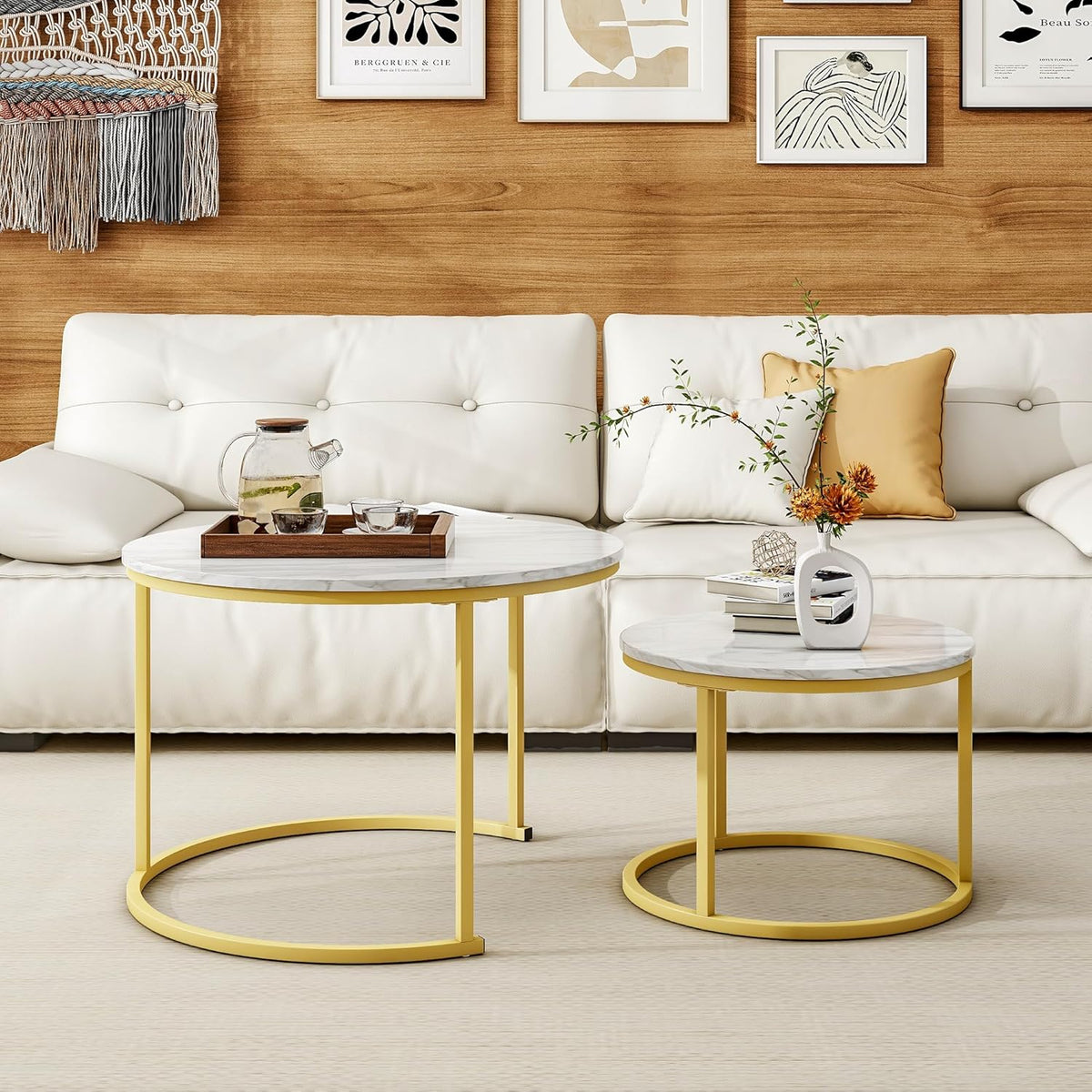 Round Coffee Table Set of 2 End Tables for Living Room,Circular and Marble Nesting Coffee Table Wooden Accent Furniture with Golden Metal Frame,Stacking Side Tables,White