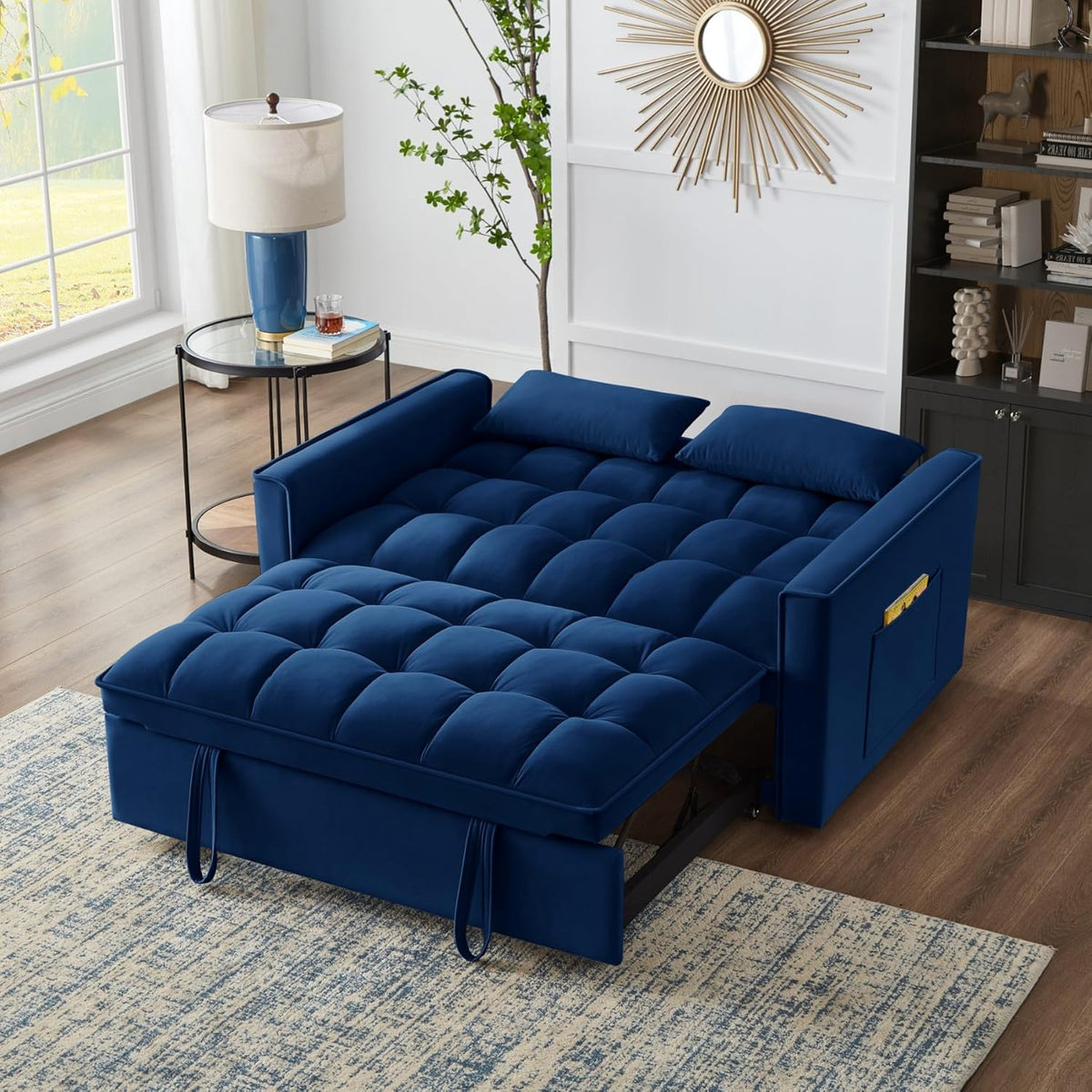 KEIKI Velvet Loveseat Convertible Sofa Bed Sleeper Chair with Adjustable Backrest, Pillows & Storage Pockets, 3 in 1 Pull-Out Couch Chaise Lounge Recliner for Living Room Balcony Bedroom, Navy