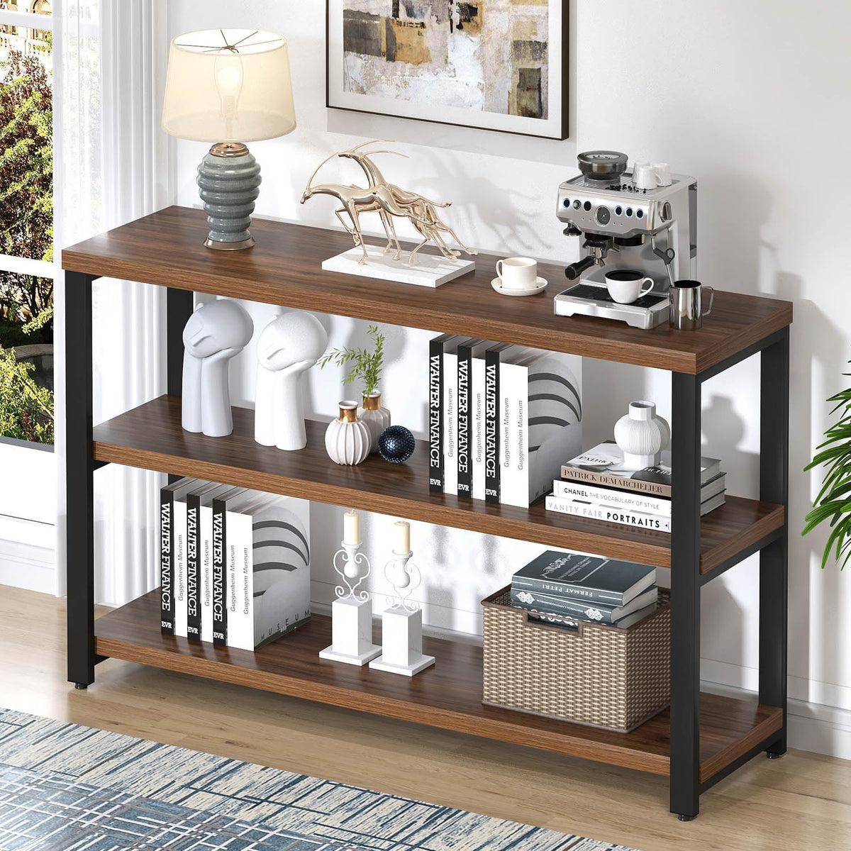 EXCEFUR 47" Entryway Table, Industrial Console Table for Living Room & Hallway, 3-Tier Storage Sofa Table Behind Couch, Walnut