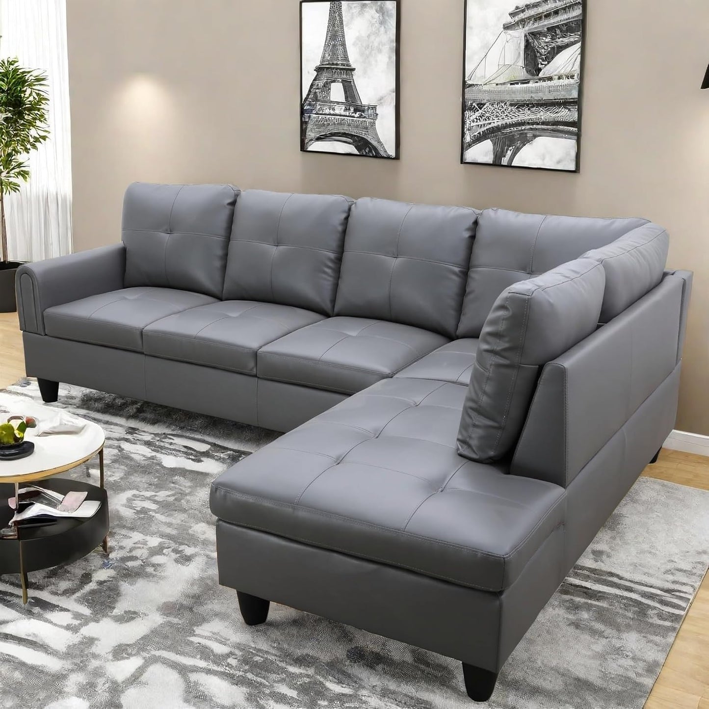 Convertible Leather Sectional Couch, Modern L Shaped Couch with Storage, Large Modular 5-Seat Sectional Sofa with Ottomans for Living Room and Office, Dark Grey