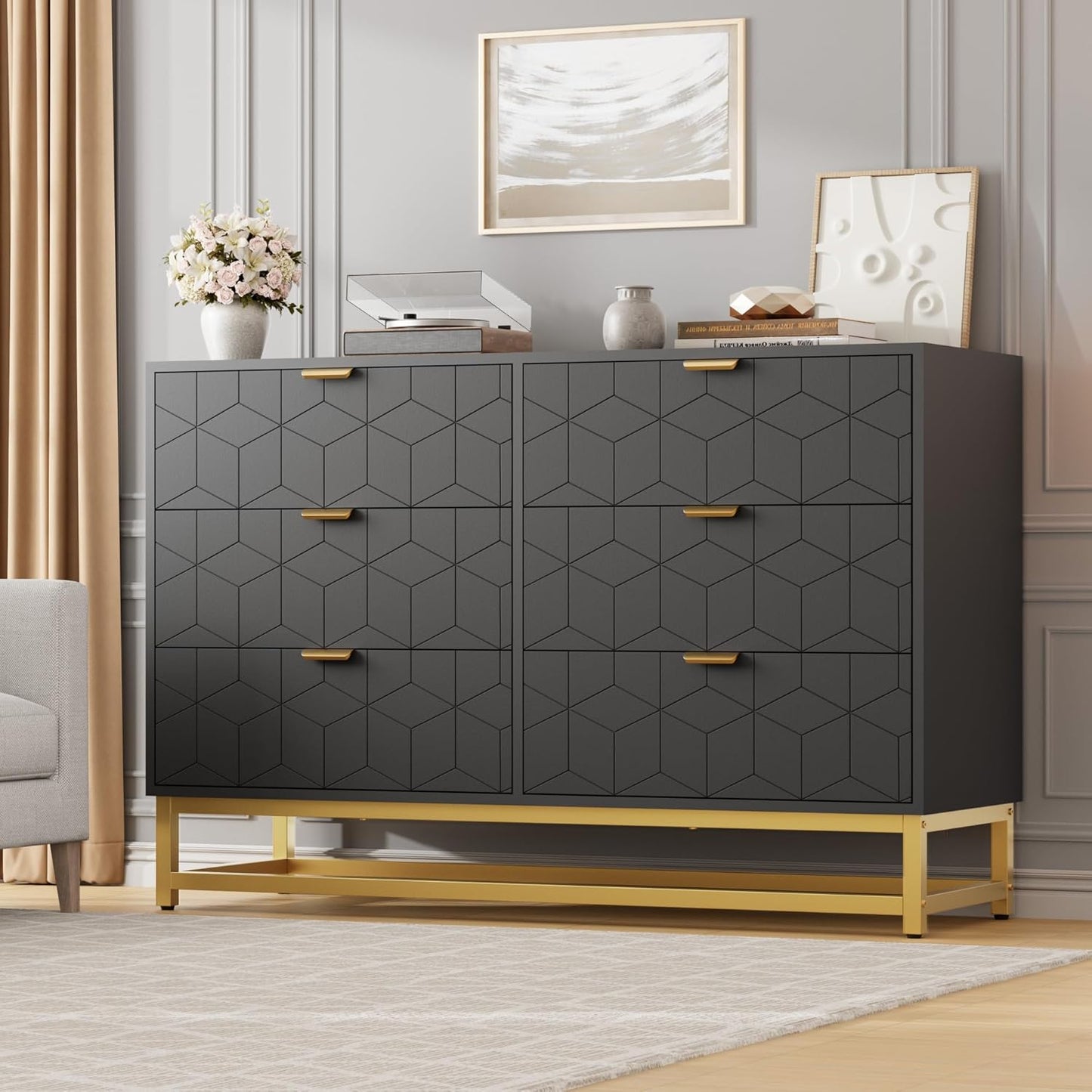 GAOMON Black Dresser for Bedroom,Modern 6 Drawer Double Dresser with Gold Handles,Long Storage Organizer for TV Stand & Closet,Large Chest of Drawers for Living Room,Hallway,Entryway