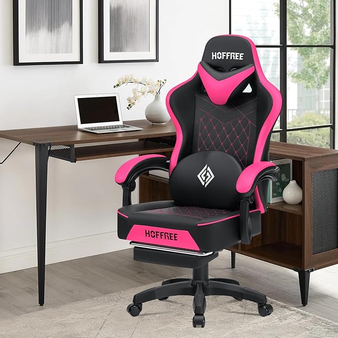 HOFFREE Gaming Chair with Speakers Massage Computer Gaming Chair with Pocket Spring Cushion for Adults Reclining Gamer Chair with Bluetooth Video Game Chairs with Footrest Pink and Black