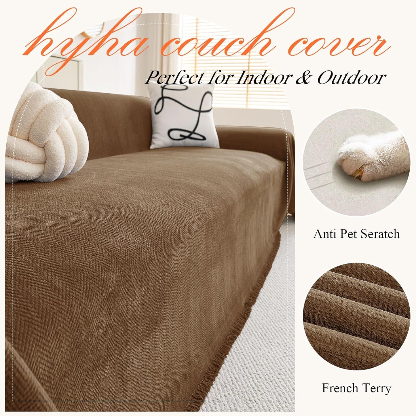 hyha Couch Cover for Dogs, Boho Sofa Covers for 3 Cushion Couch Washable, Chenille Sofa Slipcover for Pets, Soft Loveseat Sectional Couch Throw Blankets with Tassels (Chocolate, 71x118 Inch)