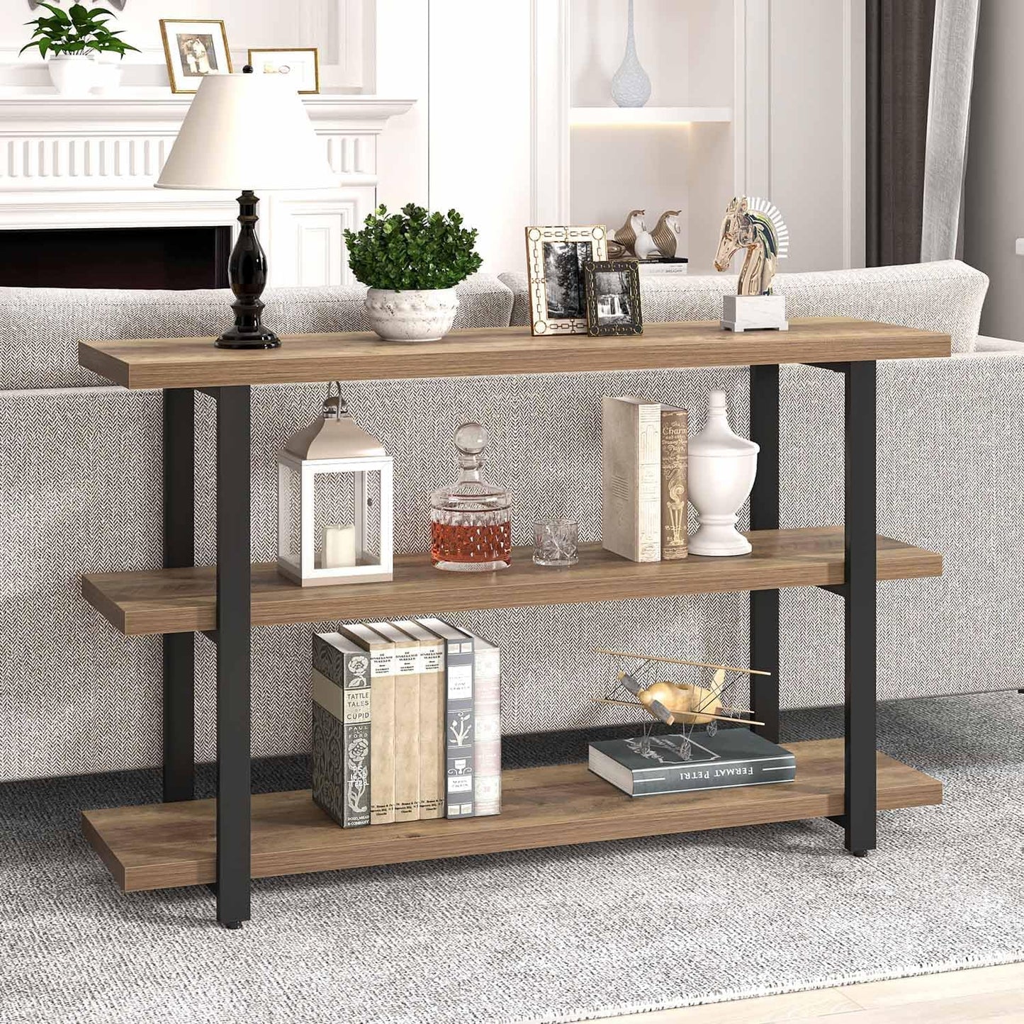 FOLUBAN Console Tables for Entryway, Modern Sofa Table with Storage Shelves for Living Room, Hallway, Entrance, or Behind Couch, Rustic Oak, 47 Inch
