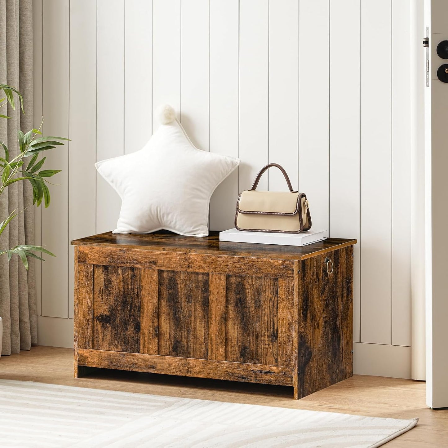 HOOBRO Storage Bench, 29.5" Retro Wooden Storage Chest, Wooden Storage Trunk, Toy Chest with Lift Top, Multifunctional Entryway Organizer, for Entryway, Living Room, Rustic Brown FG751CW01