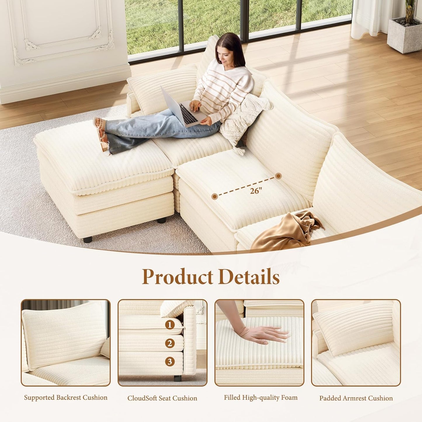 Vesgantti 108" Modular Sectional Sofa, Comfy Cloud Couch with Movable Ottoman Deep Seat Corduroy L Shaped Modular Sofa, Sectional Couches for Living Room, Bedroom and Apartment, Beige