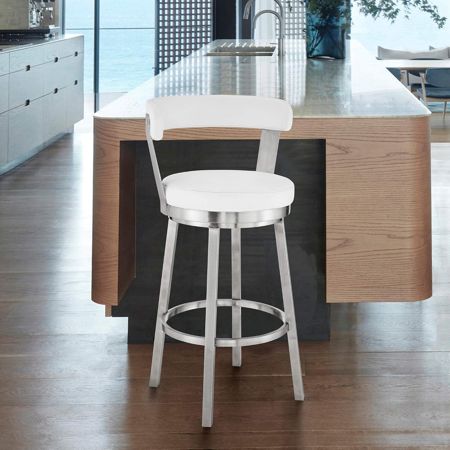 Armen Living Bryant Modern 30" Seat Height White Faux Leather and Brushed Stainless Steel Metal Swivel Bar Stool for Kitchen Island Counter