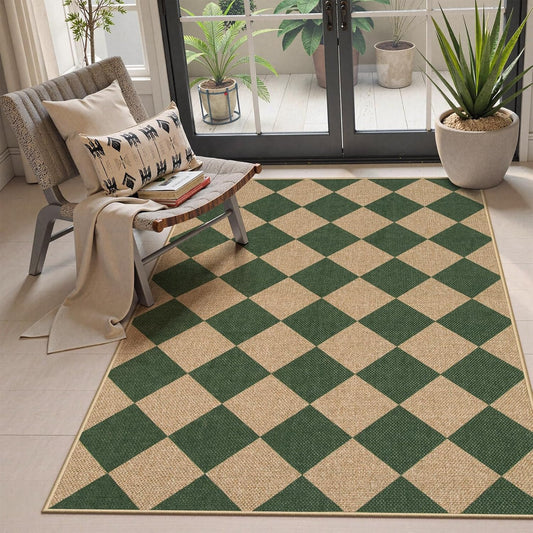 Lahome Checkered Outdoor Patio Easy Jute Rug, 3x5 Dark Green Washable Front Porch Door Rug, Farmhouse Indoor Outdoor Carpet Non Slip Non Shedding Carpet for Entryway Living Room Deck
