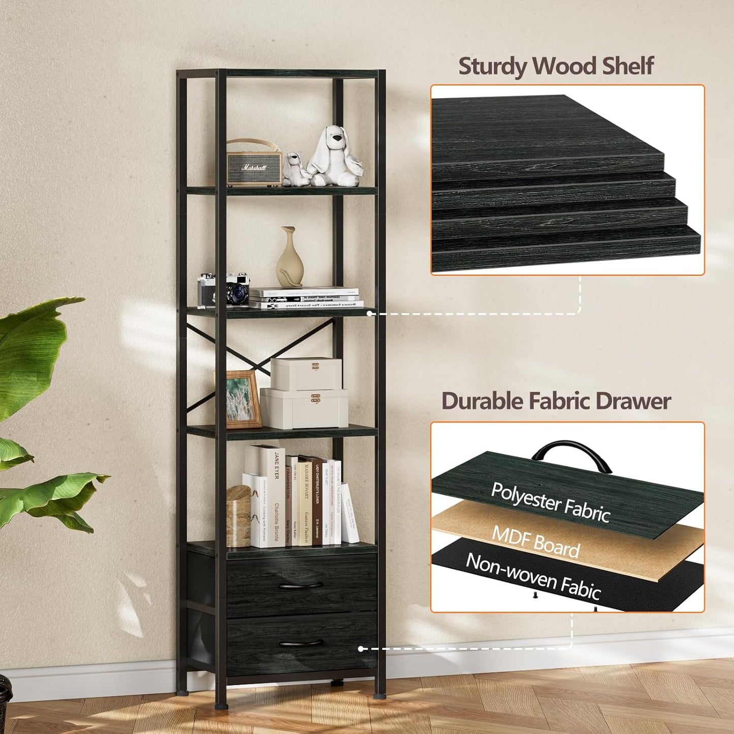 Furnulem 5-Tier Corner Shelf, Narrow Bookshelf with 2 Storage Drawers, 65.16" Tall Bookcase, Standing Shelf Organizer Unit for Living Room, Bedroom, Metal Frame, Wood Display Shelf(Black Oak)