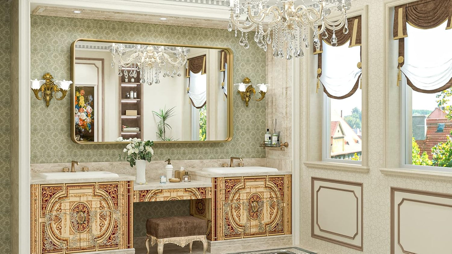 TokeShimi Gold Bathroom Mirror for Wall 48 x 30 Inch Metal Rounded Corner Rectangle Mirror Wall Mirror in Aluminum Alloy Metal Frame Deep Set Design Hangs Horizontal Or Vertical
