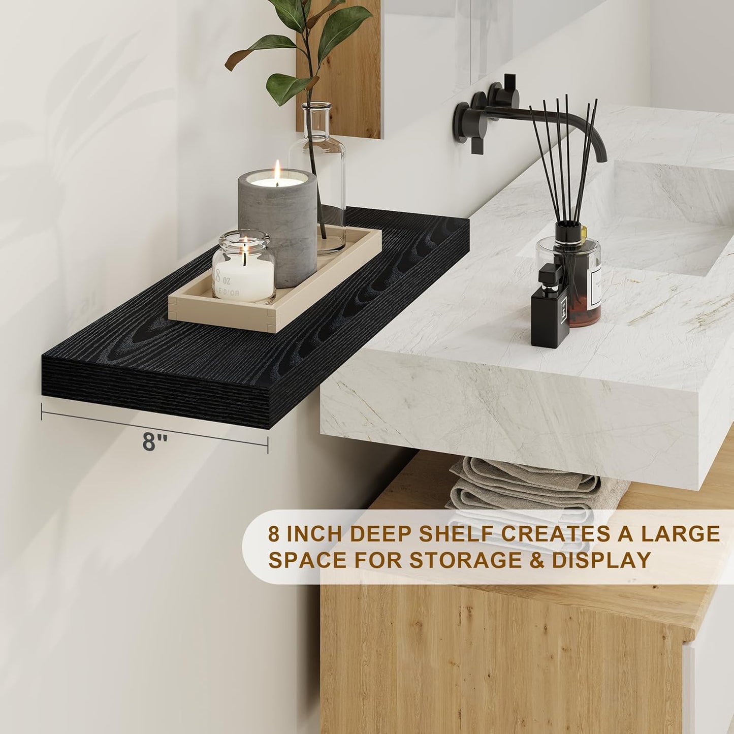 Fun Memories Black Floating Shelves 36 Inch Long, 8 Inch Deep Floating Shelf for Wall, 36" W x 8" D Wall Shelves Set of 2, Black Deep Floating Shelves for Bedroom, Living Room, Kitchen