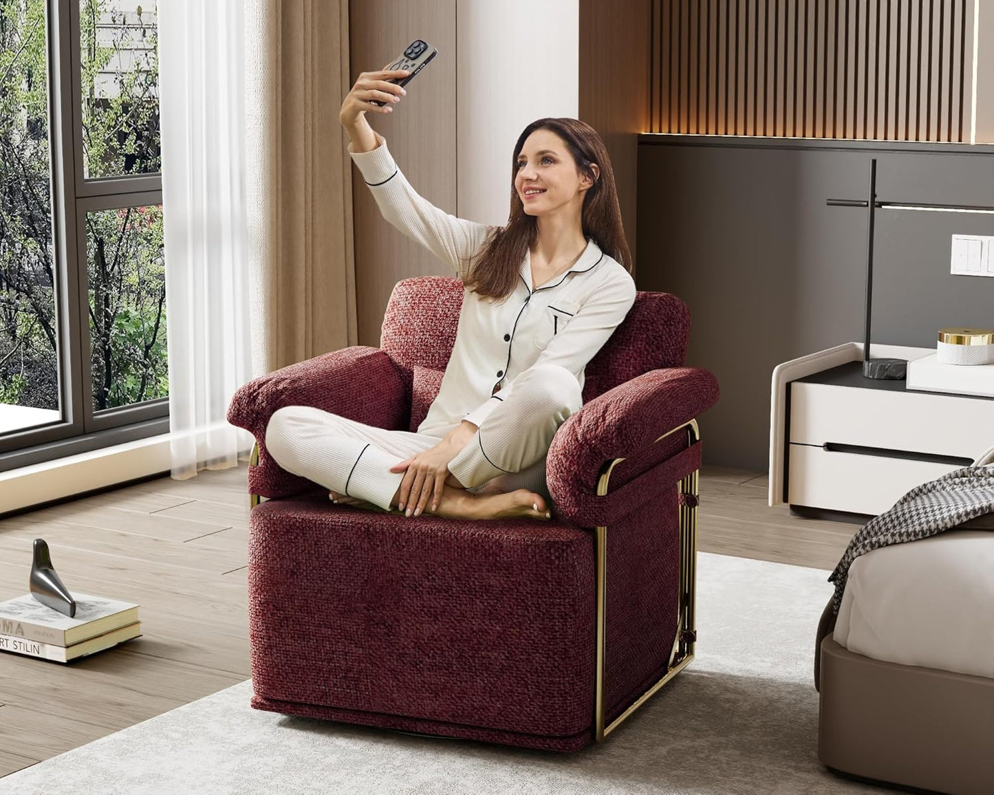 KEIKI Modern Comfy Swivel Accent Reading Chair with Waist Pillows, 360°Square Upholstered Barrel Armchair Single Club Lounge Sofa Chairs for Living Room,Bedroom,Office,DarkRed