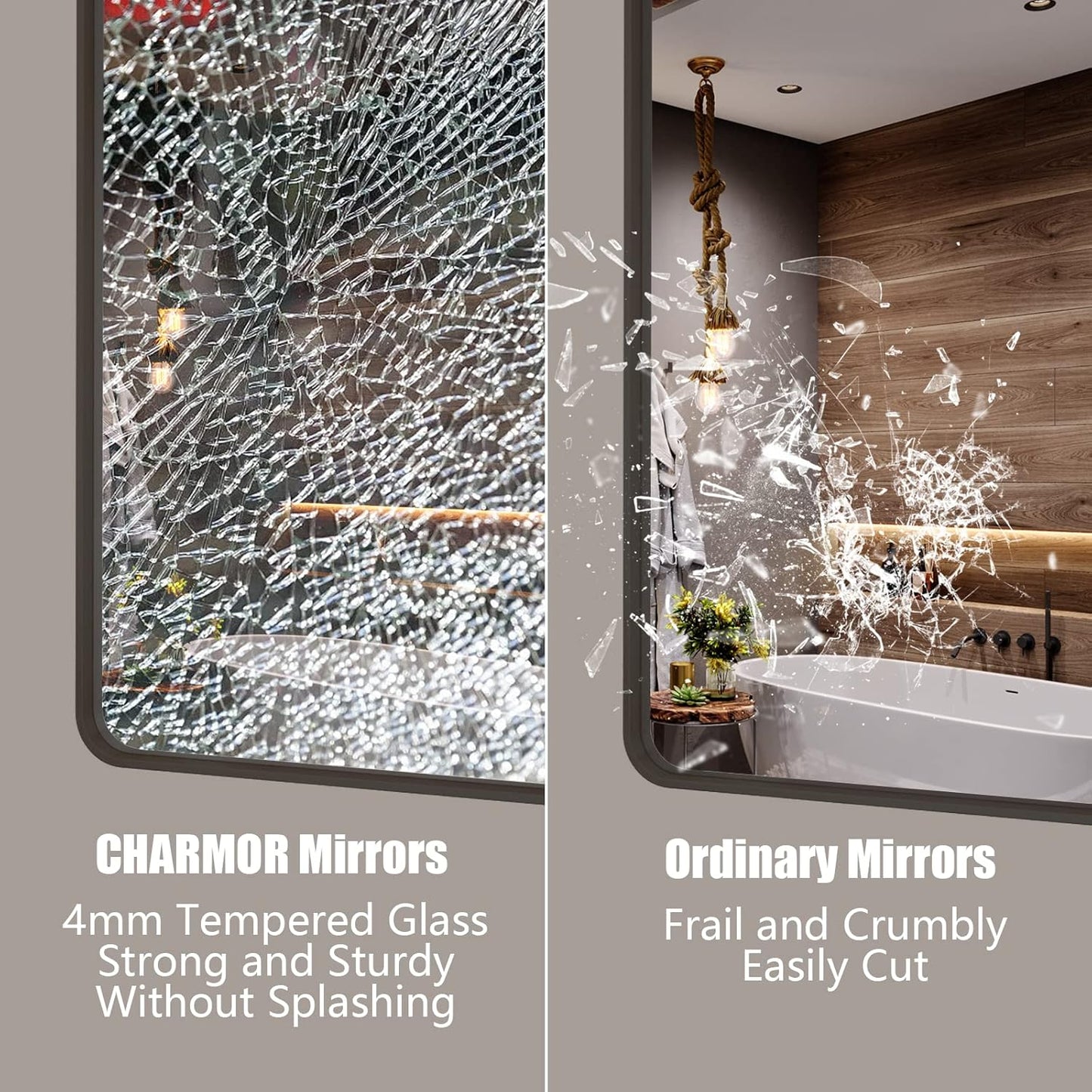 36x36 Square Bathroom Framed Mirror for Wall, Brushed Bronze Metal Bathroom Vanity Mirror, Rounded Rectangle Mirror, Anti-Rust, Tempered Shatterproof (Horizontal/Vertical)