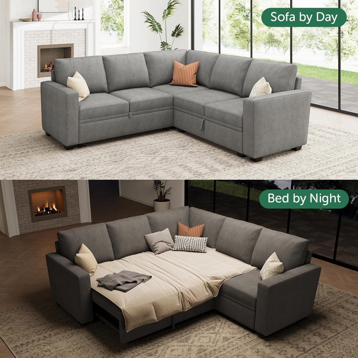 HONBAY Modular Sectional Sleeper Sofa with Pull Out Bed, Chenille L Shaped Couch with Storage Seats, Convertible Sectional Couches for Living Room, Warm Grey