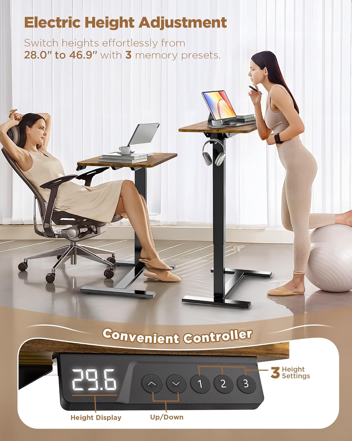 Electric Adjustable Height Standing Desk - Small Sit Stand Portable Rolling Laptop Table with Hidden Wheels, Small Computer Workstation for Bedside & Home Office Use (28"x16",Rustic Brown)