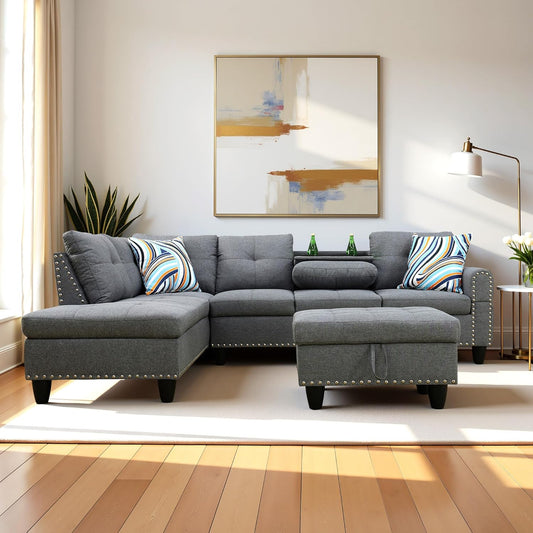L Shaped Couch Modern Sectional Couch Upholstered Linen Fabric 3 Pieces Sofas for Living Room with Chaise, Storage Ottoman for Office and Small Apartment, Charcoal