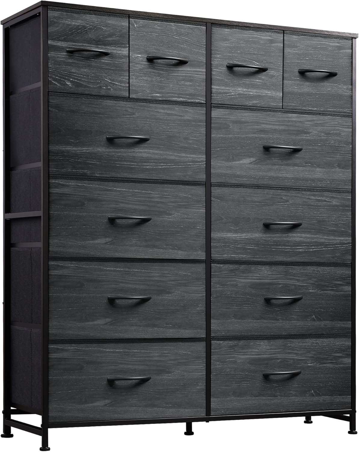 WLIVE Storage Organizer Unit with 12 Fabric Bins, Storage Drawers Organizer with Steel Frame, Tall Storage Tower Organizaton for Living Room, Hallway, Office, Charcoal Black Wood Grain Print