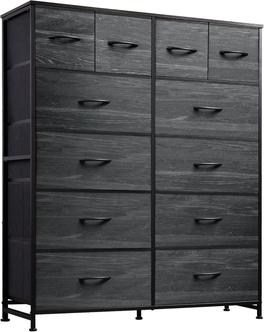 WLIVE Storage Organizer Unit with 12 Fabric Bins, Storage Drawers Organizer with Steel Frame, Tall Storage Tower Organizaton for Living Room, Hallway, Office, Charcoal Black Wood Grain Print