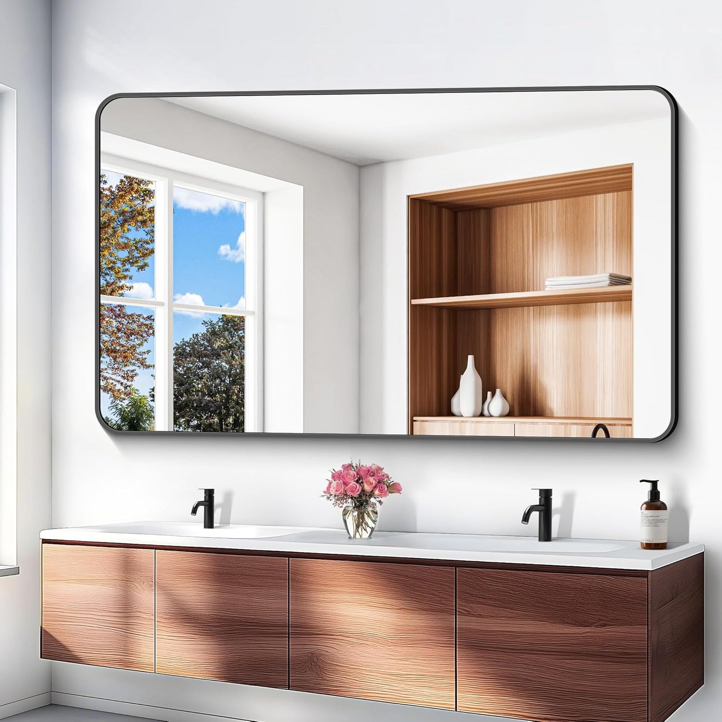 BONEWEI 60x36 inch Large Bathroom Mirror,Black Rectangle Mirror,Wall Mounted Bathroom Frame Vanity Mirror with Round Corner for Bedroom Living Room, Entryway Hangs Horizontal or Vertical